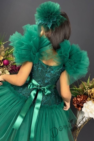 Официална детска рокля с  тюл и помпони  в тъмно зелено с дантела 4