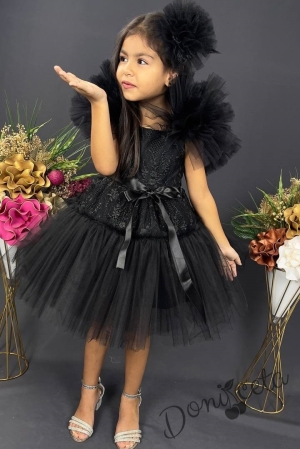 Официална детска рокля с  тюл и помпони  в черно с дантела 1