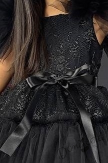 Официална детска рокля с  тюл и помпони  в черно с дантела 2