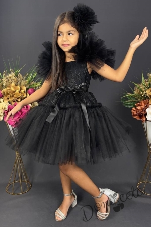 Официална детска рокля с  тюл и помпони  в черно с дантела 3