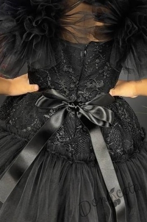 Официална детска рокля с  тюл и помпони  в черно с дантела 4