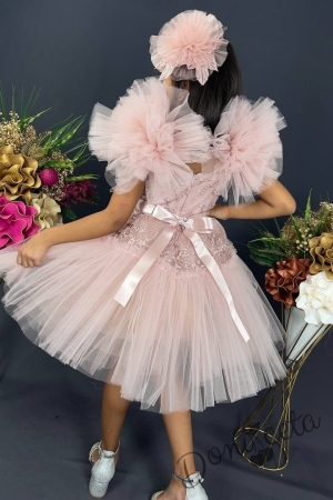 Официална детска рокля с  тюл и помпони  в розово с дантела 3
