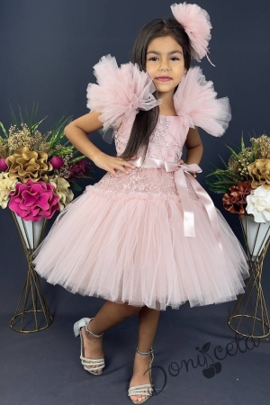 Официална детска рокля с  тюл и помпони  в розово с дантела 5