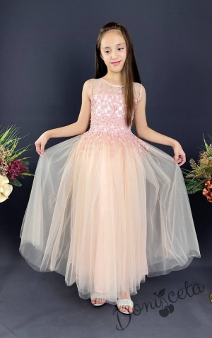 Formal children's long dress in peach with tulle sleeveless with lace Laura