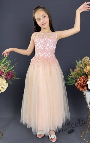 Formal children's long dress in peach with tulle sleeveless with lace Laura