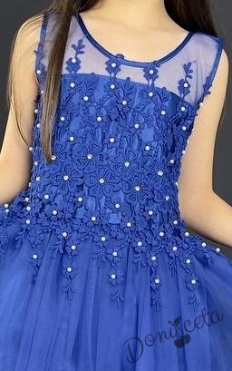 Официална детска дълга рокля в синьо с тюл без ръкав с дантела Лора 2