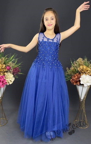 Официална детска дълга рокля в синьо с тюл без ръкав с дантела Лора 3
