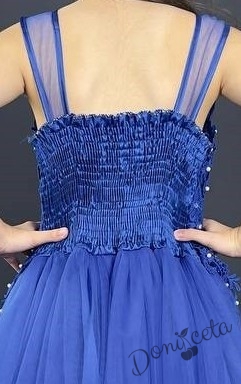 Официална детска дълга рокля в синьо с тюл без ръкав с дантела Лора 4