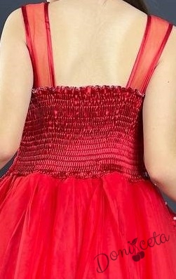 Официална детска дълга рокля в червено с тюл без ръкав с дантела Лора 4