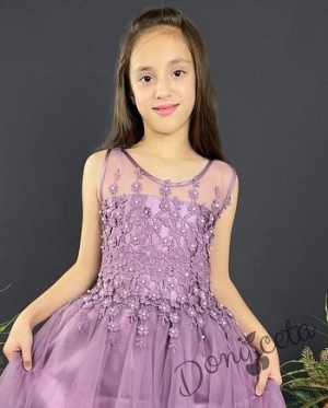Официална детска дълга рокля в лилаво с тюл без ръкав 
