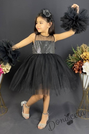 Официална детска рокля Блян с богат тюл в черно с блясък