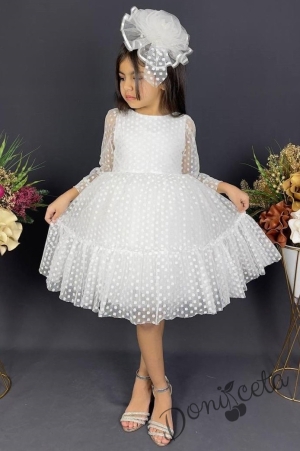 Детска рокля с ръкав 7-8 в бяло с точки Зея