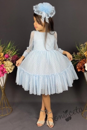 Детска рокля с ръкав 7-8 в сетлосиньо с точки Зея 1