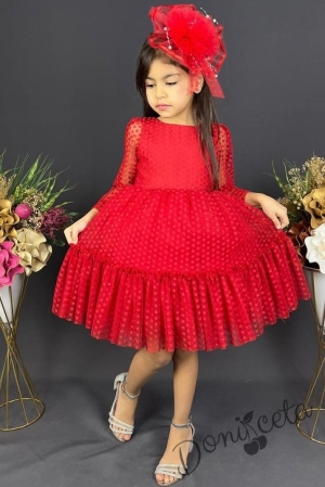 Детска рокля с ръкав 7-8 в червено с точки Зея 1
