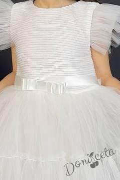 Детска официална рокля  в бяло с харбало и панделка за коса 2