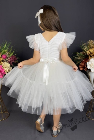 Детска официална рокля  в бяло с харбало и панделка за коса 3