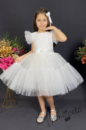 Детска официална рокля  в бяло с харбало и панделка за коса 5