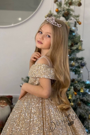 Официална дълга детска рокля Шайн в златисто с пайети