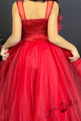 Официална детска дълга рокля в червено с тюл без ръкав  5
