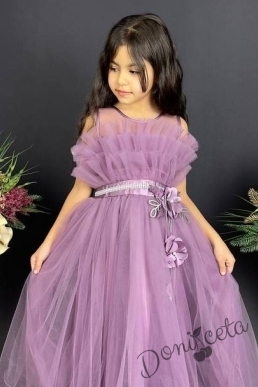 Официална детска дълга рокля в лилаво с тюл без ръкав 2