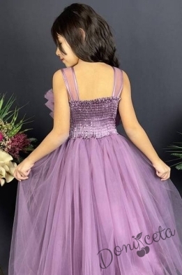 Официална детска дълга рокля в лилаво с тюл без ръкав 3