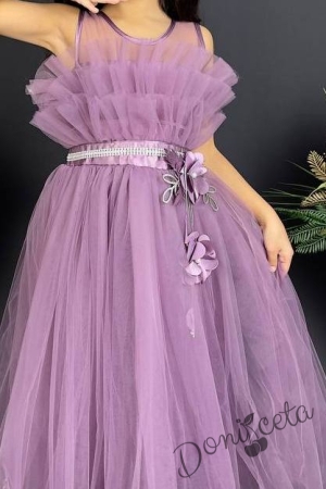 Официална детска дълга рокля в лилаво с тюл без ръкав  4
