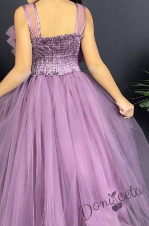 Официална детска дълга рокля в лилаво с тюл без ръкав  5