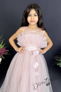 Официална детска дълга рокля Анджелина в прасковено с тюл без ръкав 