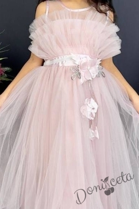 Официална детска дълга рокля в пепел от рози с тюл без ръкав  4