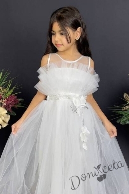 Официална детска дълга рокля в бяло с тюл без ръкав  2