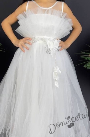 Официална детска дълга рокля в бяло с тюл без ръкав  4