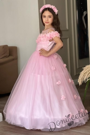 Официална дълга детска рокля Стефания с обръч в розово с тюл и цветя