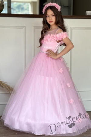 Официална дълга детска рокля с обръч в розово с тюл и цветя 2