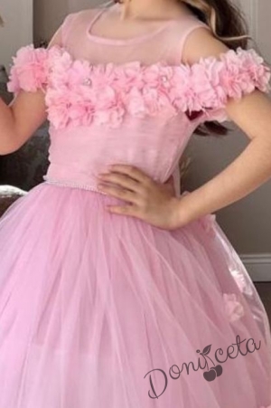 Официална дълга детска рокля с обръч в розово с тюл и цветя 3