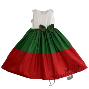 Детска официална дълга рокля в бяло, зелено и червено 