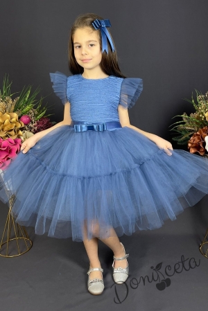 Детска официална рокля  в синьо с панделка за коса Хера