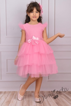 Официална детска рокля с къс ръкав в розово на пластове Хера 1