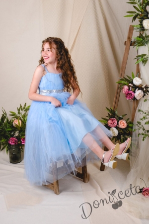 Официална детска дълга рокля  Даналия без ръкав в светлосиньо с тюл