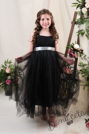 Официална детска дълга рокля без ръкав Даналия в черно с колан в сребристо и тюл