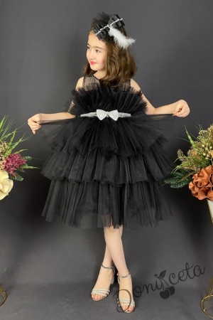Официална детска рокля без ръкав с богат тюл в черно и панделка за коса