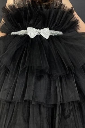 Официална детска рокля без ръкав с богат тюл в черно и панделка за коса 2