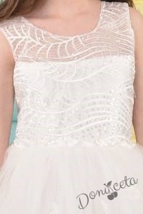 Официална дълга детска рокля Чия с тюл и цветя без ръкав  в бяло 2