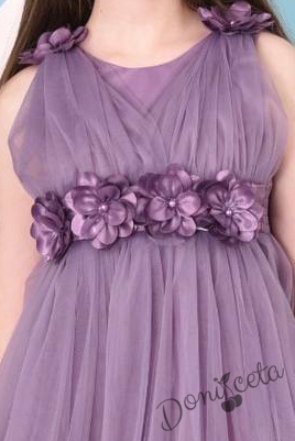 Официална детска дълга рокля Аба в лилаво с тюл без ръкав с цветя 2