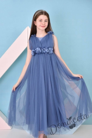 Официална детска дълга рокля Аба в синьо с тюл без ръкав с цветя 1