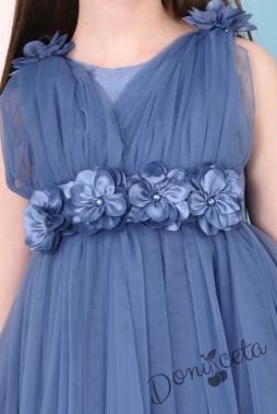 Официална детска дълга рокля Аба в синьо с тюл без ръкав с цветя 2