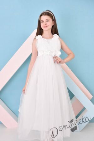 Официална детска дълга рокля Аба в бяло с тюл без ръкав с цветя