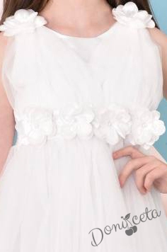 Официална детска дълга рокля Аба в бяло с тюл без ръкав с цветя 2