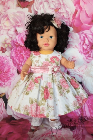 Детска рокля в бяло обсипана с  рози в розово 227ФГ 1