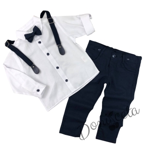Комплект от риза в бяло, тиранти, папийонка и панталони в черно