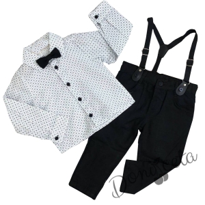 Комплект от риза в бяло на точки, тиранти, папийонка и апанталони в черно 1